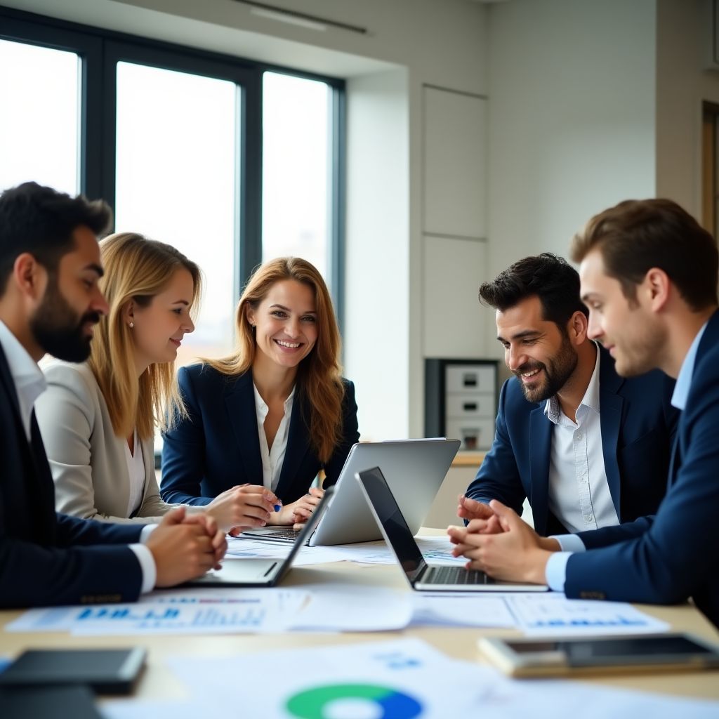 Equipo de asesores financieros discutiendo estrategias.